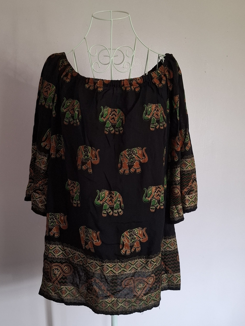 Black Off-Shoulder Tunic with Green & Rust Elephant Print